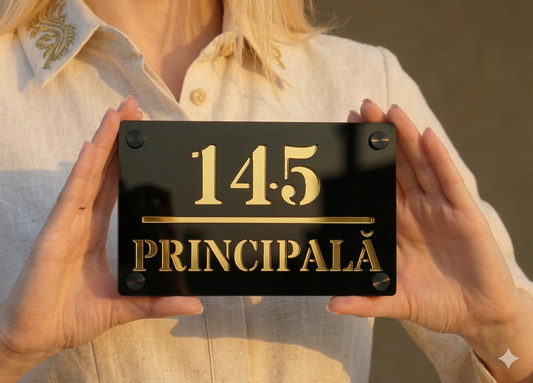 Număr de casă personalizat din plexiglas negru lucios cu text auriu