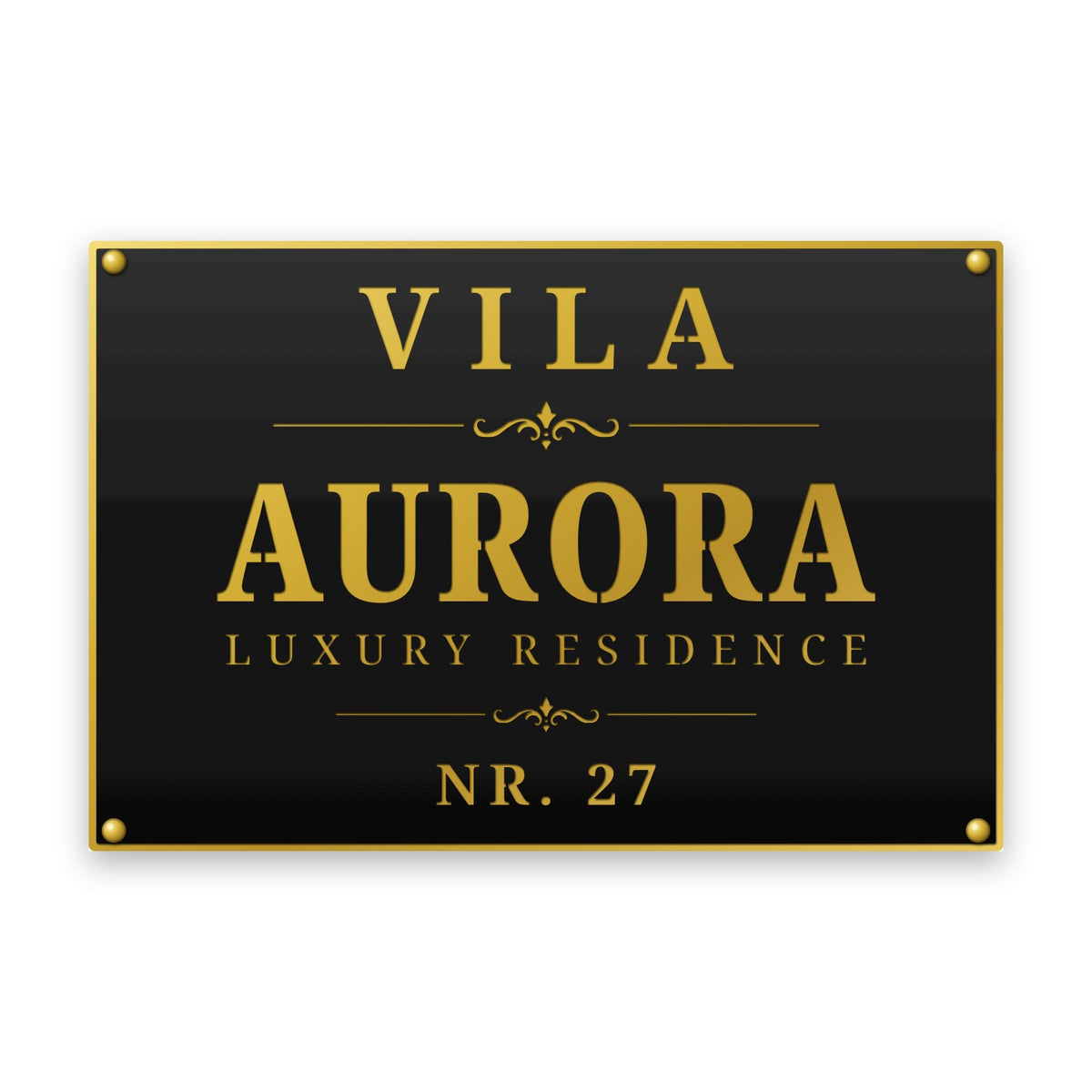 Placă personalizată pentru vilă DOMUS, 60 × 40 cm orizontal, negru lucios cu auriu