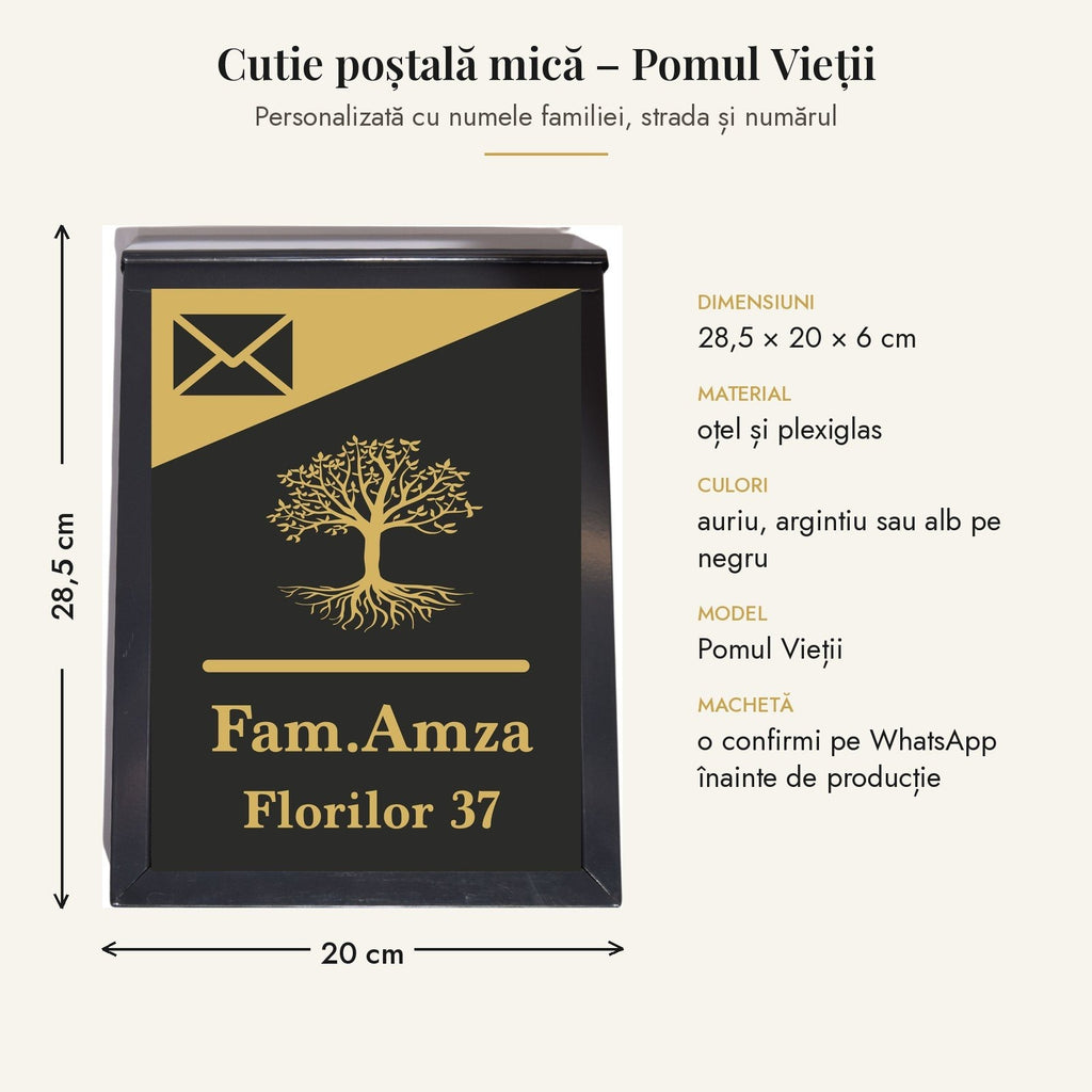 Dimensiuni cutie poștală mică cu Pomul Vieții: 28,5 × 20 × 6 cm